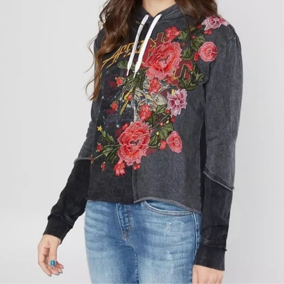 Affliction Women SZ M Cropped Hoodie Long Sleeve Embroidered - Picture 2 of 9